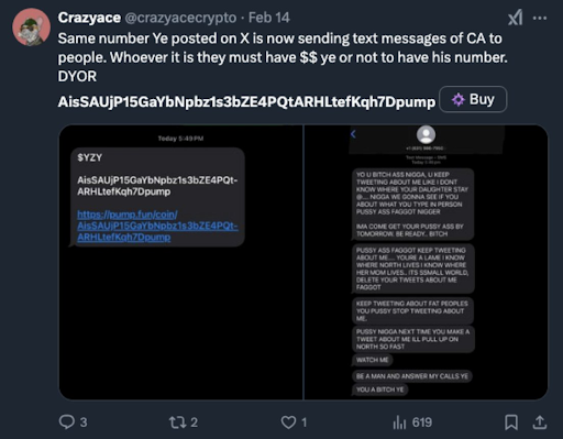 Ye tweets the phone number that spawned $YZY (Feb 2025)